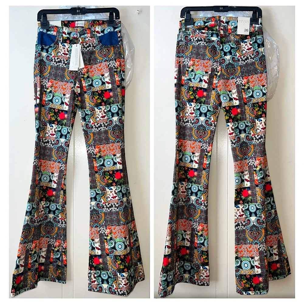 Alice + Olivia Beautiful Patchwork Mid Rise Denim Floral Flared Bell Jeans - Picture 10 of 17